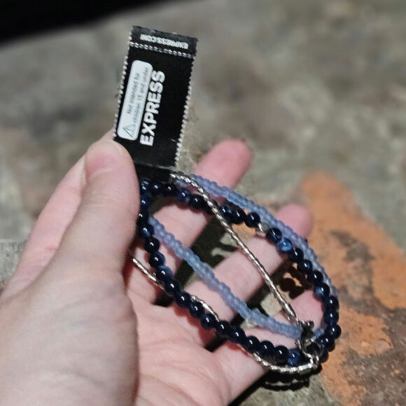 Express Navy Stone, Blue Beads & Silver-Tone Mixed Metal Trio Bracelet Set - Picture 5 of 5